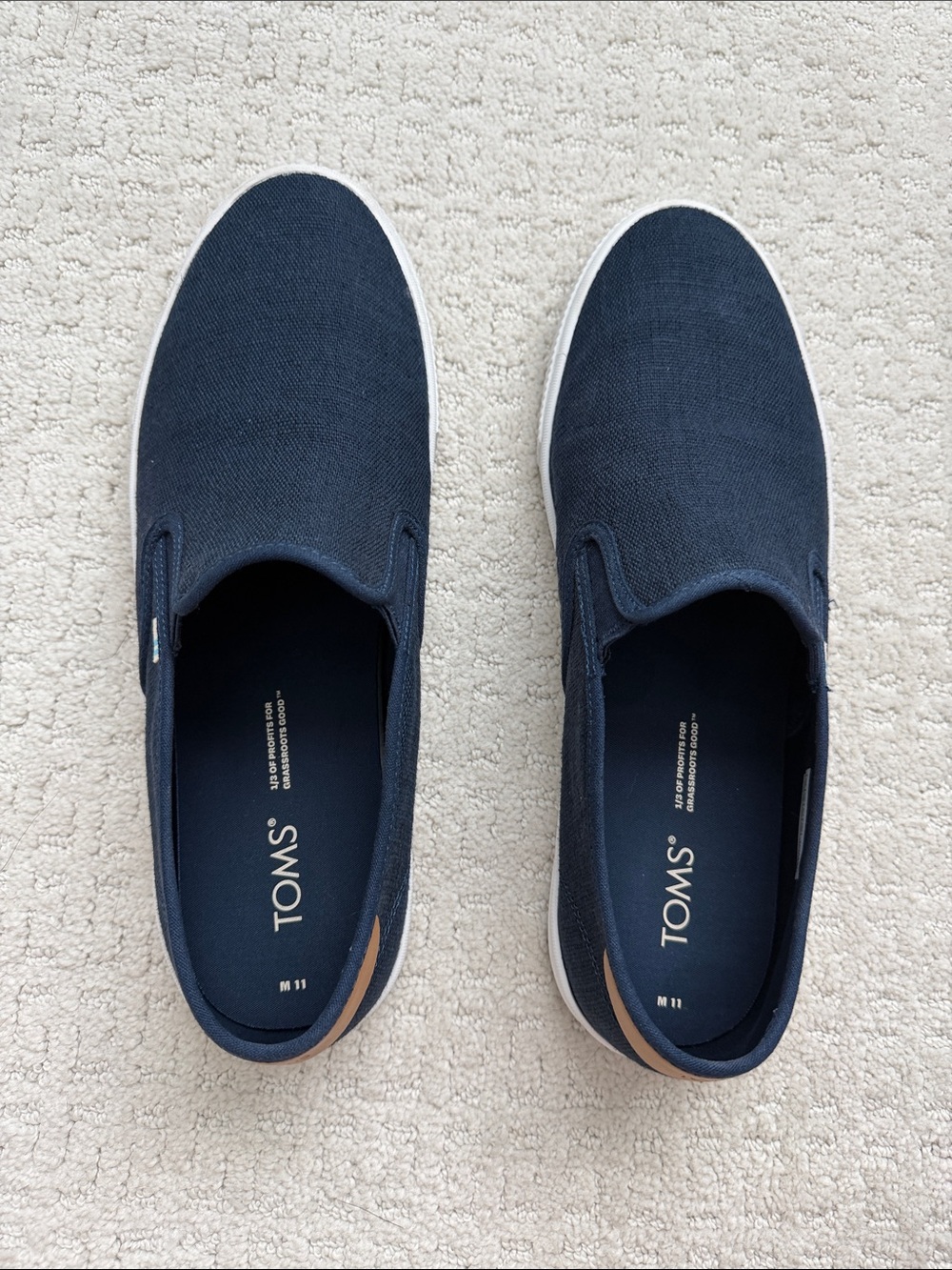 Toms Men's Navy Canvas Slip-On Loafers with Tan Heel Accent